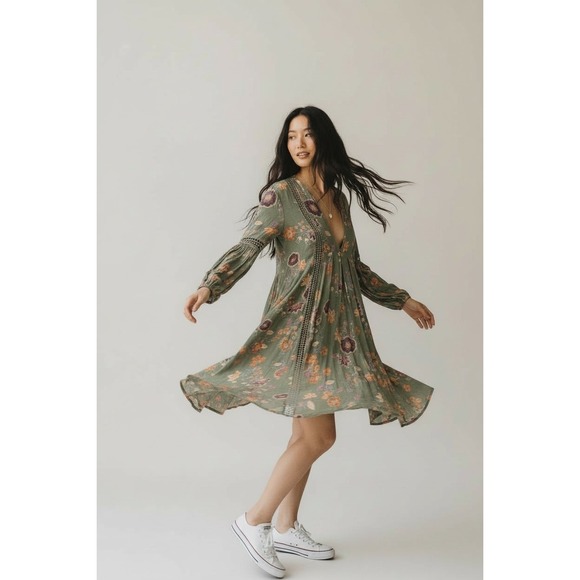 Free People Dresses & Skirts - Free People Just The Two Of Us Floral Boho Tunic Dress Womens M Peasant Mini